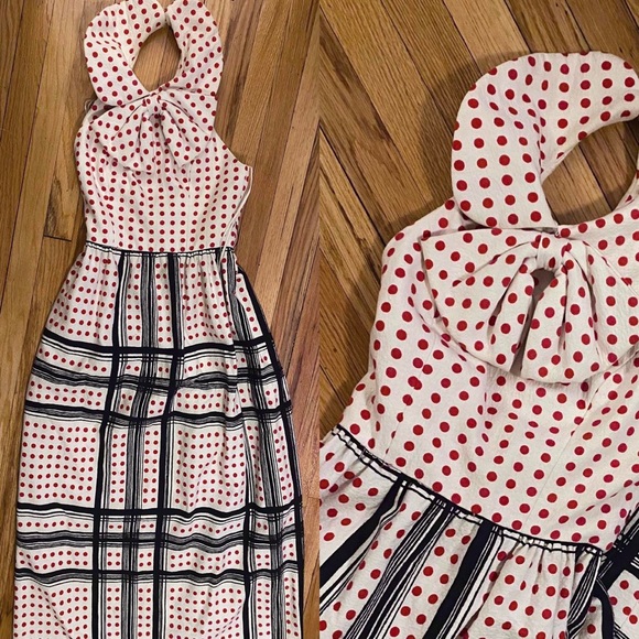 1960s/1970s Giant Collar/Bow Polkadot Red White and Blue Clown Vibes Maxi Dress - Picture 2 of 4